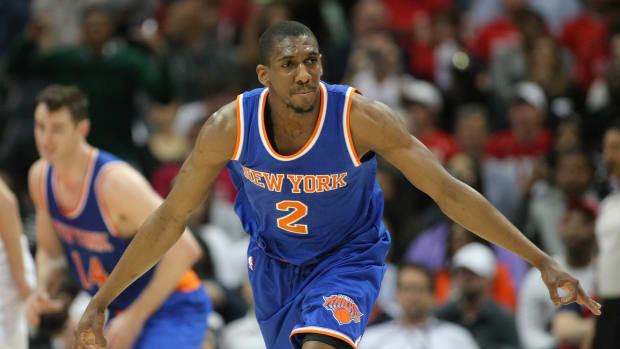 Apr 13, 2015; Atlanta, GA, USA; New York Knicks guard Langston Galloway (2) celebrates after a three point basket against the Atlanta Hawks in the fourth quarter at Philips Arena. The Knicks defeated the Hawks 112-108. Mandatory Credit: Brett Davis-USA TODAY Sports 